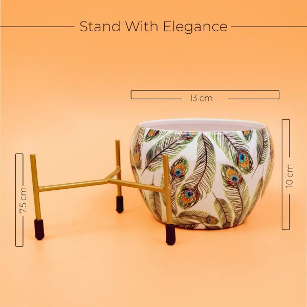 Rare Bird -Beautiful Peacock Feather Print Metal Pot with Stand, Rust-Free Powder Coating, Indoor Outdoor Use, Home Office Decor, Plants Not Included, Pot Size: 10 * 13cm, Stand Height: 7.5cm - Image 3