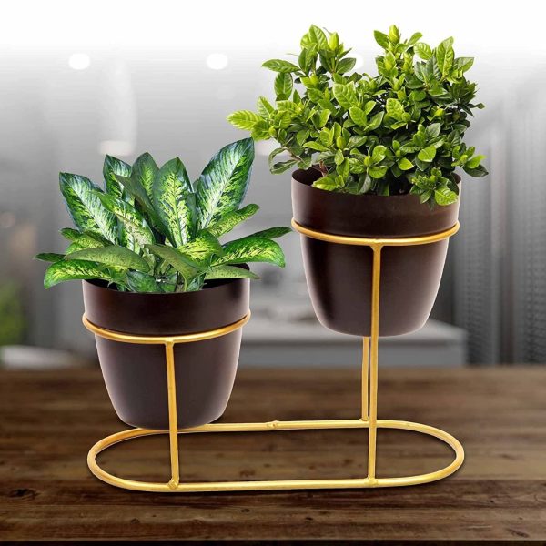 Stylish Design Metal Double Pot Table Top Planter with Golden Stand (Black Pots, Metal) set