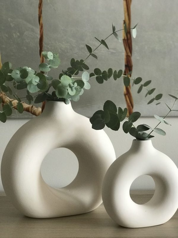 White Vase/Flower Vase/Pampas Grass Vase/Ceramic Vase/Round Shaped Vase/Home Decor Centrepiece/Decor Showpiece Donut Vase 6 & 8 Inches (Pack of 2) - Image 2