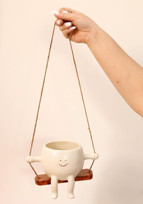 Cute ceramic Face Swing Hanging Planter Pot |Size 5.5 inches| White| (Pack of 1)|'Swinging Face planter pot' with wooden base & jute rope |Modern Handmade & Handpainted planter - Image 6