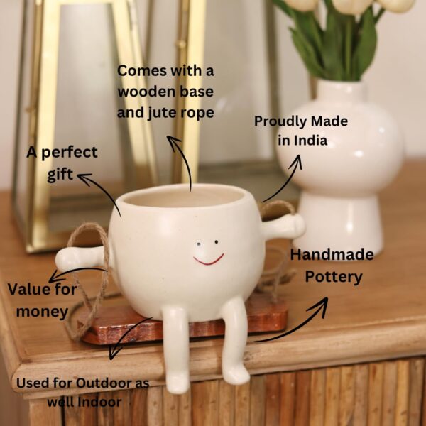 Cute ceramic Face Swing Hanging Planter Pot |Size 5.5 inches| White| (Pack of 1)|'Swinging Face planter pot' with wooden base & jute rope |Modern Handmade & Handpainted planter - Image 5