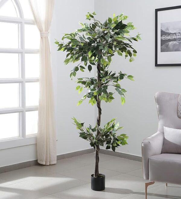 Rare Bird Artificial Ficus Tree, 6ft Realistic Fake Floor Plant with,Pot Faux Silk Leaves Trees and Natural Trunk for Living Room Home Office Decor Indoor - Image 4