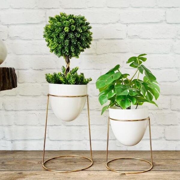 Rare Bird- White Metal Planter with Round Gold Stand for Home Decoration | Planters for Living Room Bedroom Office Interiors | Set of 2 (Plants not Included) - Image 5