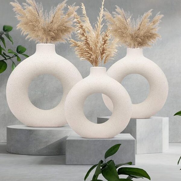 Rare Bird White Donut Vase/Flower Vase/Pampas Grass Vase/Ceramic Vase/Round Shaped Vase/Home Decor Centrepiece/Decor Showpiece 6, 8 & 12 Inches (Pack of 3) - Image 3